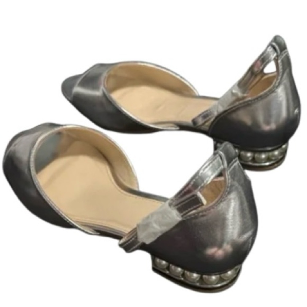 Dunion Silver Open Toe Flats | Ankle Strap Dress Shoes w/ Pearl Heel Detail NIB